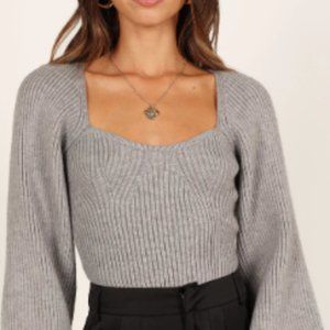 Grey Square Neckline Ribbed Bust Sweater